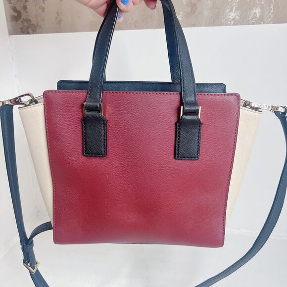 Kate Spade Cameron Street Small Hayden Burgundy Cream Leather Structured Handbag - Picture 4 of 14